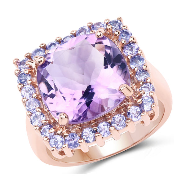 Genuine 14K Rose Gold Plated Amethyst and Tanzanite Sterling Silver Halo Ring