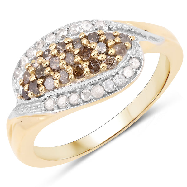 Genuine 14K Yellow Gold Plated Brown Diamond and White Diamond Sterling Silver Bypass Ring