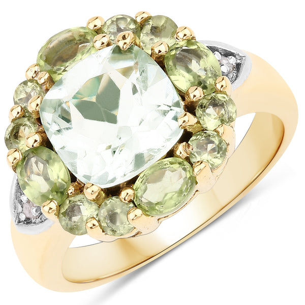 Genuine 14K Yellow Gold Plated Green Amethyst, Peridot and White Diamond Cocktail Sterling Silver Ring