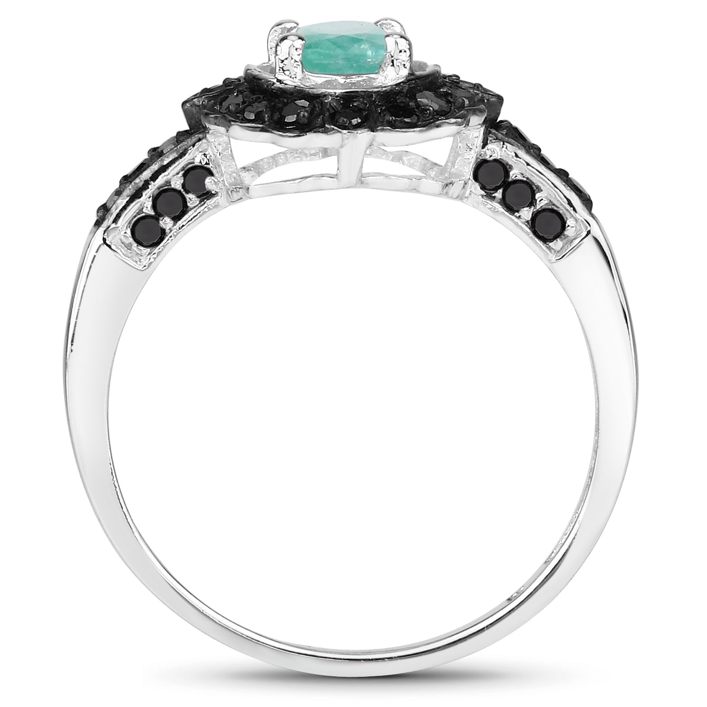 Genuine Zambian Emerald and Black Diamond Sterling Silver Halo Ring