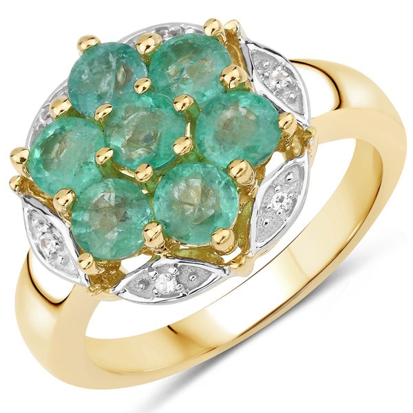 Genuine 14K Yellow Gold Plated Zambian Emerald and White Topaz Sterling Silver Floral Ring