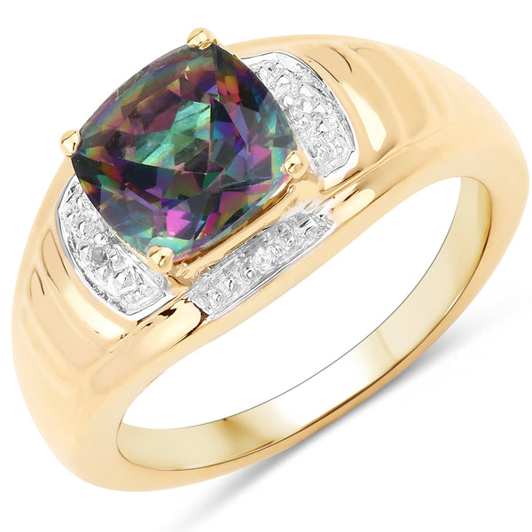 Genuine 14K Yellow Gold Plated Rainbow Topaz and White Topaz Sterling Silver Solitaire Ring