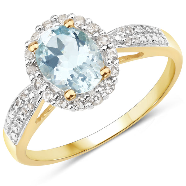 Genuine 14K Yellow Gold Plated Aquamarine and White Topaz Sterling Silver Ring