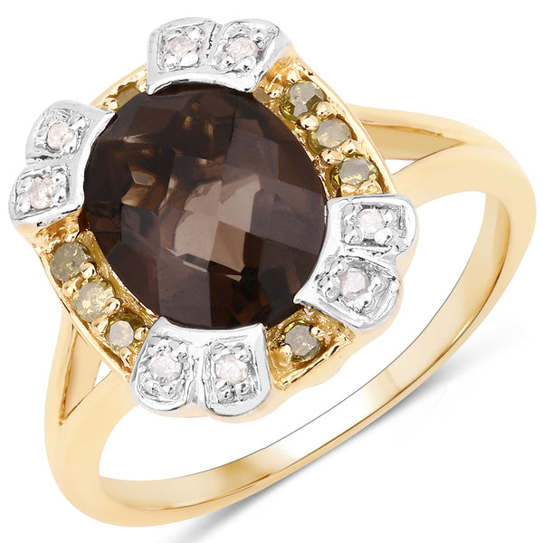 Genuine 14K Yellow Gold Plated Smoky Quartz, Yellow Diamond and White Diamond Sterling Silver Ring