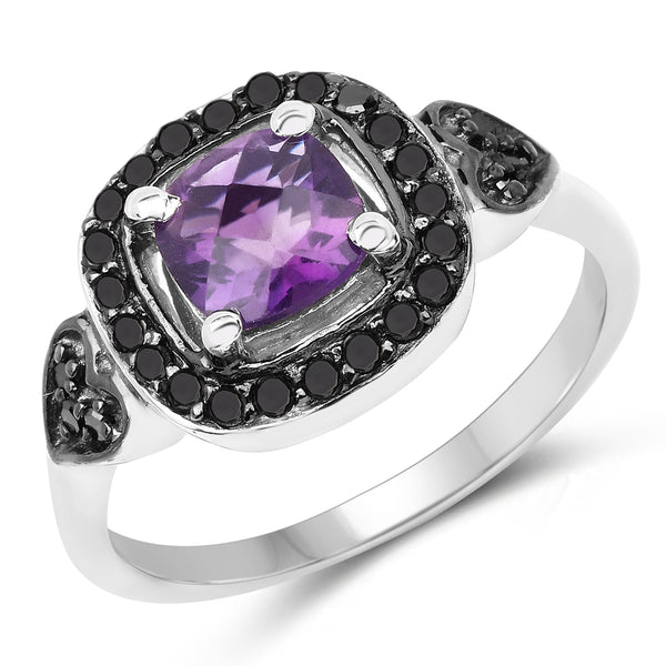 Genuine Amethyst and Black Diamond Sterling Silver Halo Ring