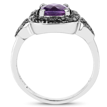 Genuine Amethyst and Black Diamond Sterling Silver Halo Ring