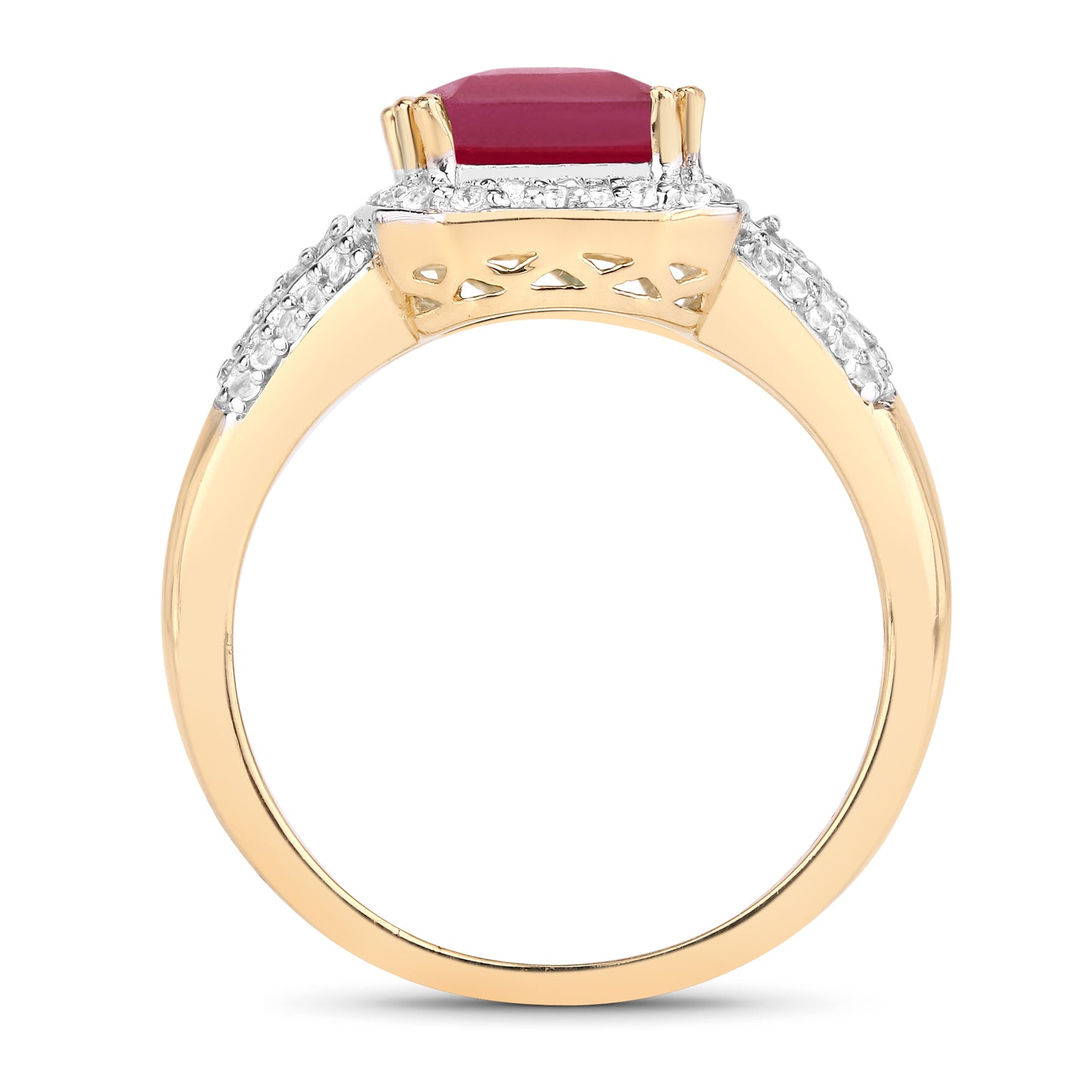 14K Yellow Gold Plated Glass Filled Ruby and White Topaz  Sterling Silver Ring