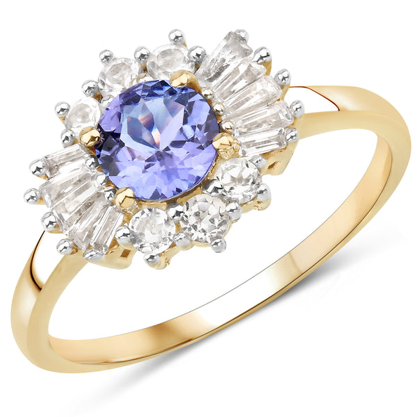 Genuine 14K Yellow Gold Plated Tanzanite and White Topaz Sterling Silver Ring