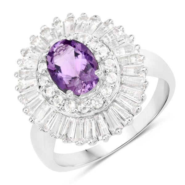 Genuine Amethyst and White Topaz Sterling Silver Graduated Ring