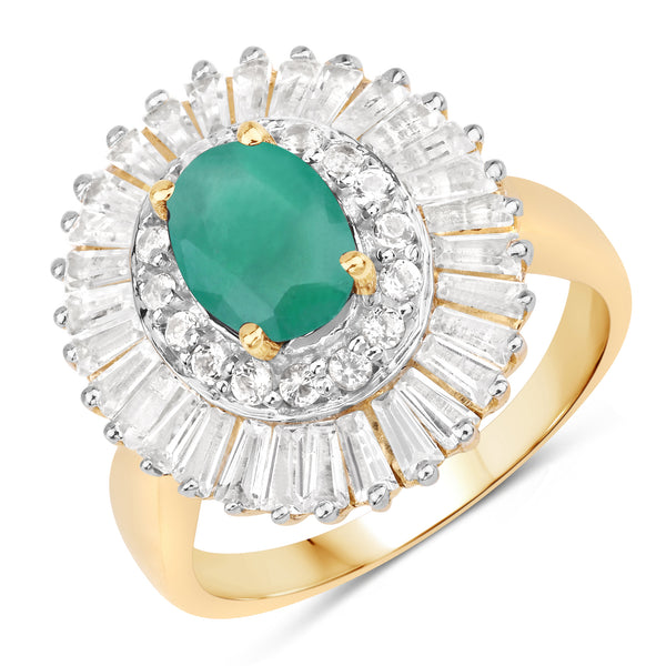 Genuine 14K Yellow Gold Plated Emerald and White Topaz Sterling Silver Halo Ring