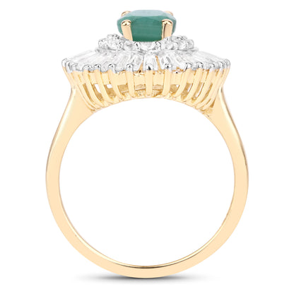 Genuine 14K Yellow Gold Plated Emerald and White Topaz Sterling Silver Halo Ring