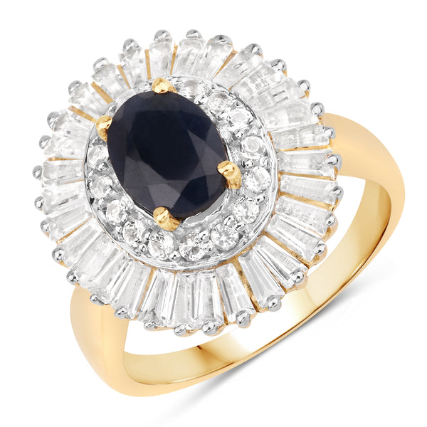 Genuine 14K Yellow Gold Plated Sapphire and White Topaz Sterling Silver Halo Ring