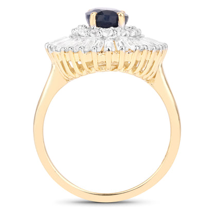 Genuine 14K Yellow Gold Plated Sapphire and White Topaz Sterling Silver Halo Ring