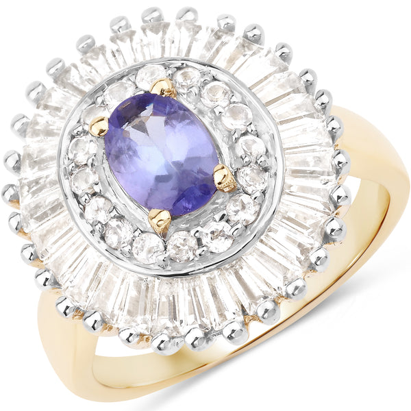 Genuine 14K Yellow Gold Plated Tanzanite and White Topaz Sterling Silver Ring