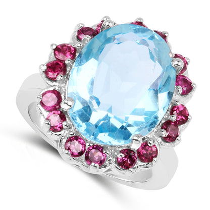 Genuine Blue Topaz and Rhodolite Sterling Silver Graduated Ring