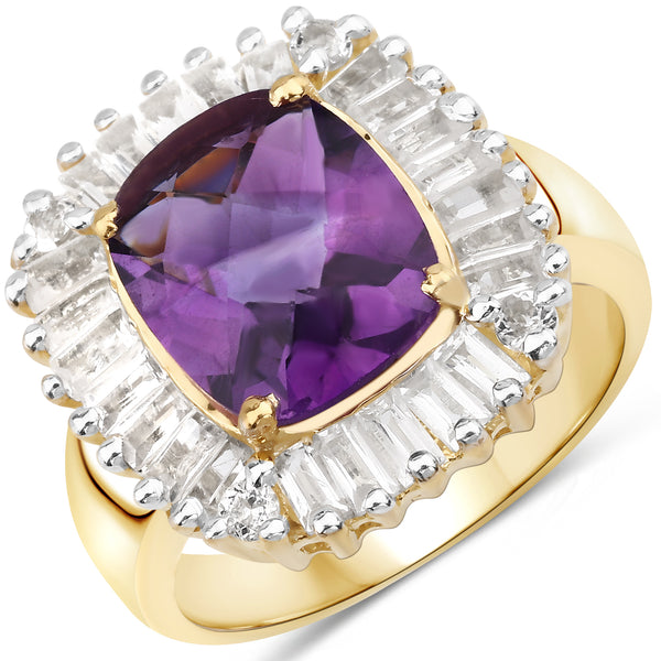 Genuine 14K Yellow Gold Plated Amethyst and White Topaz  Sterling Silver Halo Ring