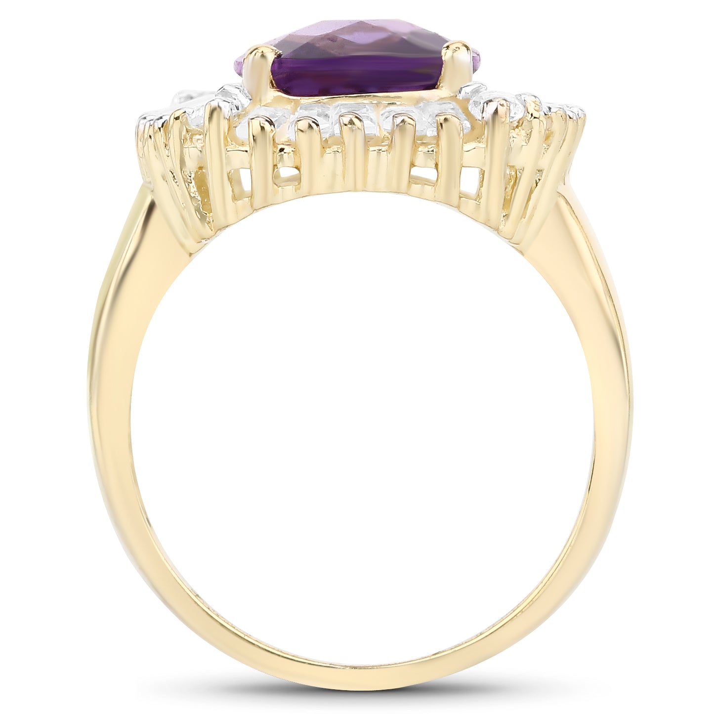 Genuine 14K Yellow Gold Plated Amethyst and White Topaz  Sterling Silver Halo Ring