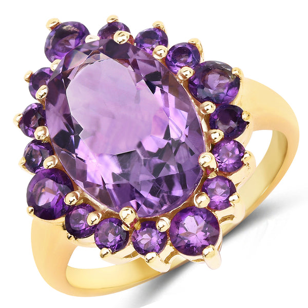 Genuine 14K Yellow Gold Plated Amethyst Sterling  Silver Halo Ring