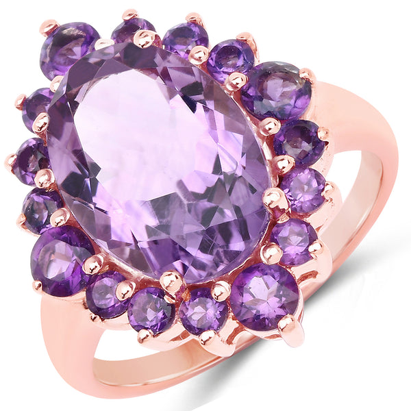 Genuine 14K Rose Gold Plated Amethyst Sterling Silver Halo Ring