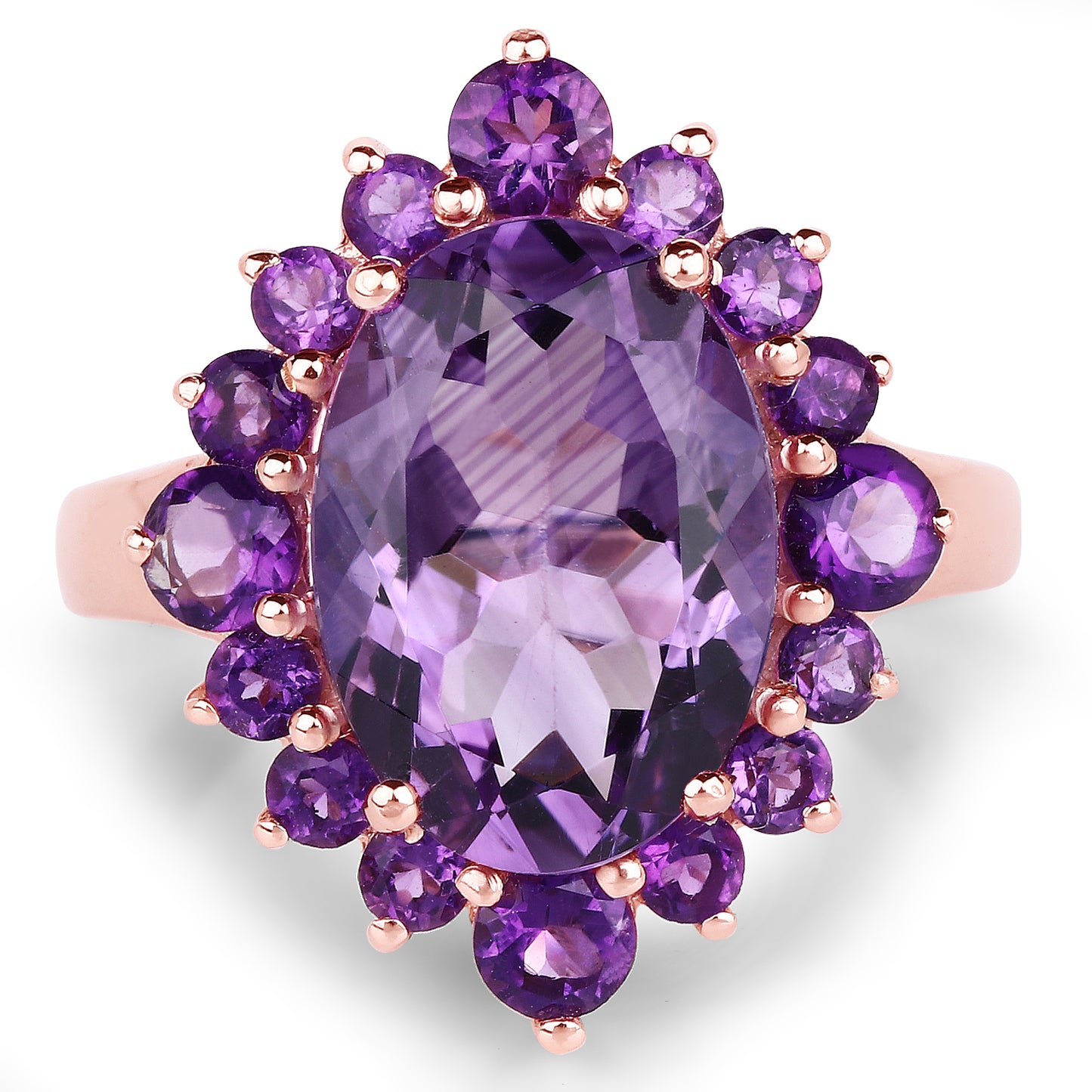 Genuine 14K Rose Gold Plated Amethyst Sterling Silver Halo Ring