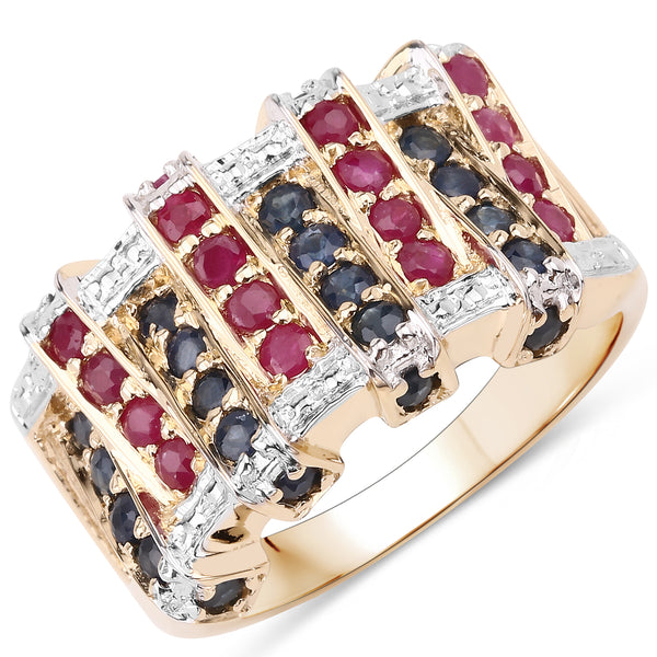 Genuine 14K Yellow Gold Plated Ruby and Blue Sapphire Sterling Silver Ring