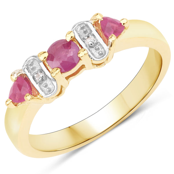 Genuine 14K Yellow Gold Plated Ruby and White Diamond Sterling Silver Ring