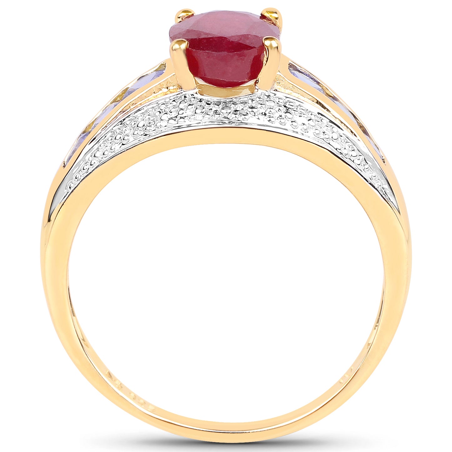 14K Yellow Gold Plated Glass Filled Ruby and Tanzanite Sterling Silver Ring