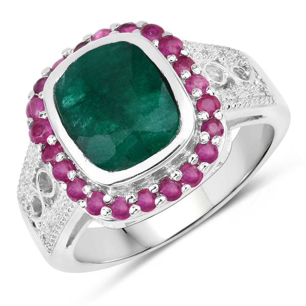 Dyed Emerald and Ruby Sterling Silver Halo Ring