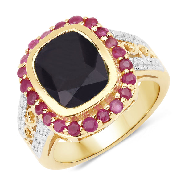 Dyed Sapphire and Ruby 14K Yellow Gold Plated Sterling Silver Halo Ring