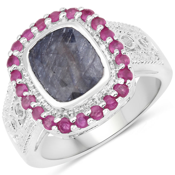 Dyed Sapphire and Ruby Sterling Silver Halo Ring