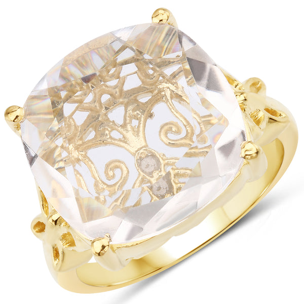 Genuine 14K Yellow Gold Plated Crystal Quartz and White Diamond Sterling Silver Bold Ring