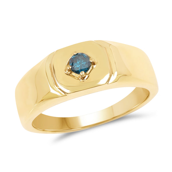 Genuine 14K Yellow Gold Plated Blue Diamond Sterling Silver Men's Ring