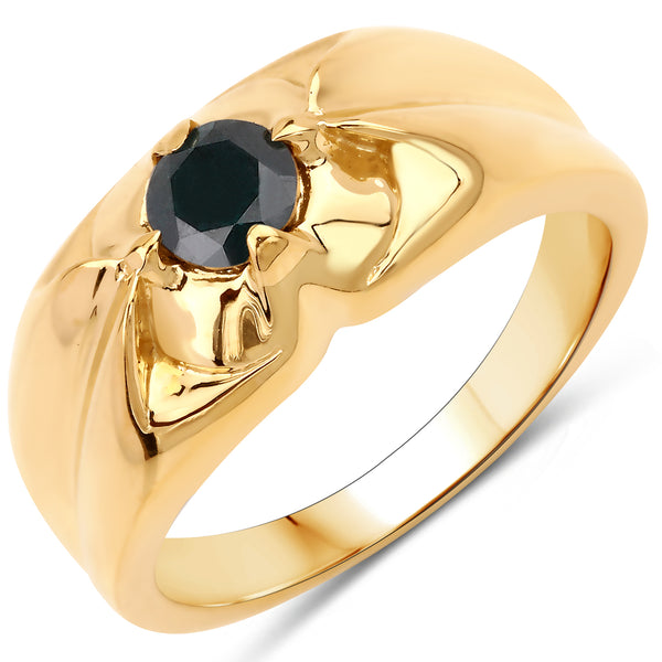 Genuine 14K Yellow Gold Plated Black Diamond Sterling Silver Men's Ring