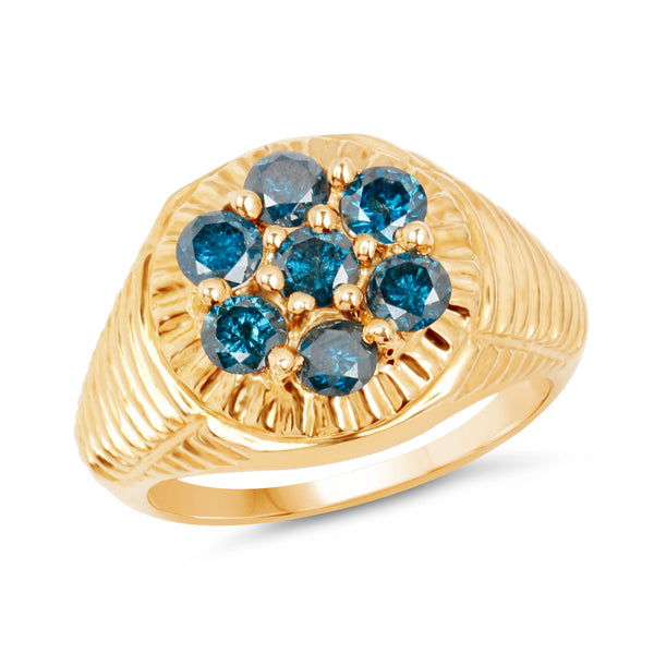 Genuine 14K Yellow Gold Plated Blue Diamond Sterling Silver Men's Ring