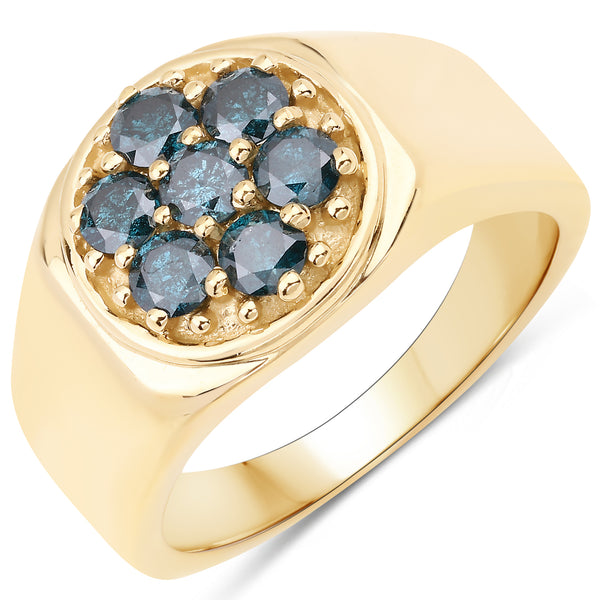 Genuine 14K Yellow Gold Plated Blue Diamond Sterling Silver Men's Ring