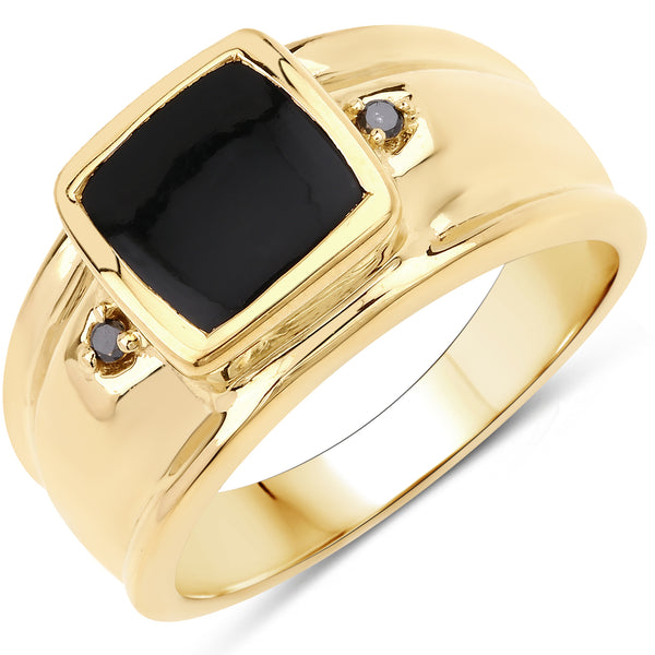 Genuine 14K Yellow Gold Plated Black Onyx and Black Diamond Sterling Silver Ring