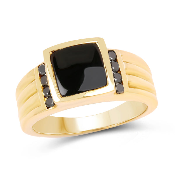 Genuine 14K Yellow Gold Plated Black Onyx and Black Diamond Sterling Silver Ring