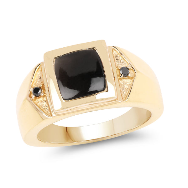 Genuine 14K Yellow Gold Plated Black Onyx and Black Diamond Sterling Silver Ring