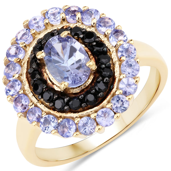 Genuine 14K Yellow Gold Plated Tanzanite and Black Spinel Ring Sterling Silver Halo Ring