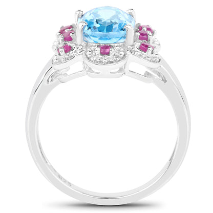 Genuine Swiss Blue Topaz and Ruby Sterling Silver Graduated Ring