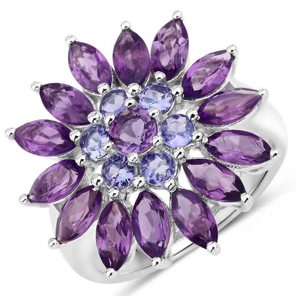 Genuine Amethyst and Tanzanite Sterling Silver Floral Ring