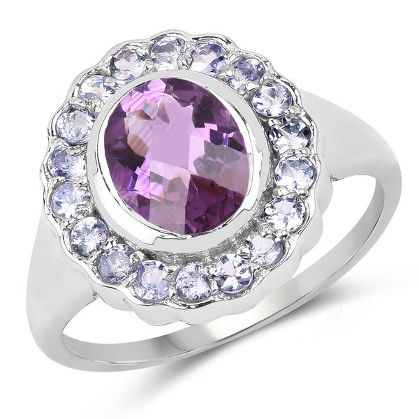 Genuine Amethyst and Tanzanite Sterling Silver Halo Ring