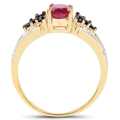 14K Yellow Gold Plated Glass Filled Ruby and Black Spinel Sterling Silver Bridge Ring