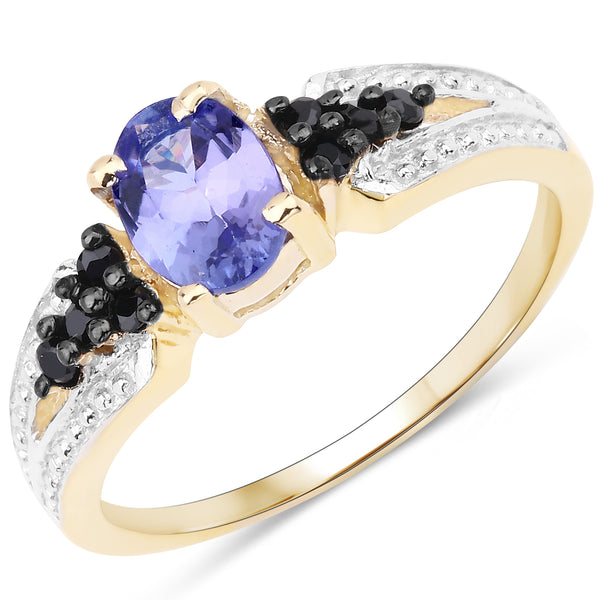 Genuine 14K Yellow Gold Plated Tanzanite and Black Spinel Sterling Silver Bridge Ring