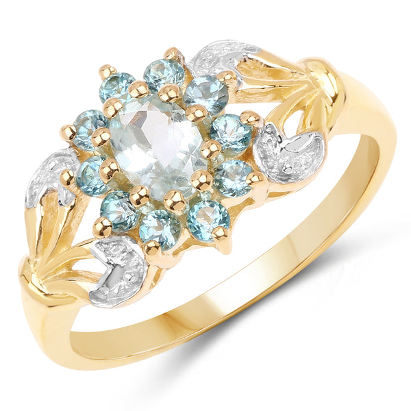 Genuine 14K Yellow Gold Plated Aquamarine and London Blue Topaz Sterling Silver Ring