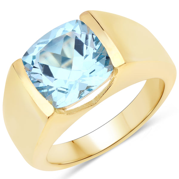 Genuine 14K Yellow Gold Plated Blue Topaz Sterling Silver Solitaire Ring