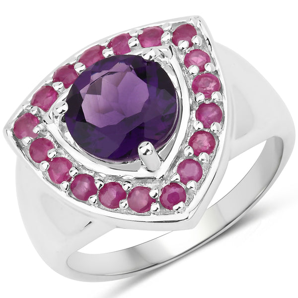 Genuine Amethyst and Ruby Sterling Silver Halo Ring