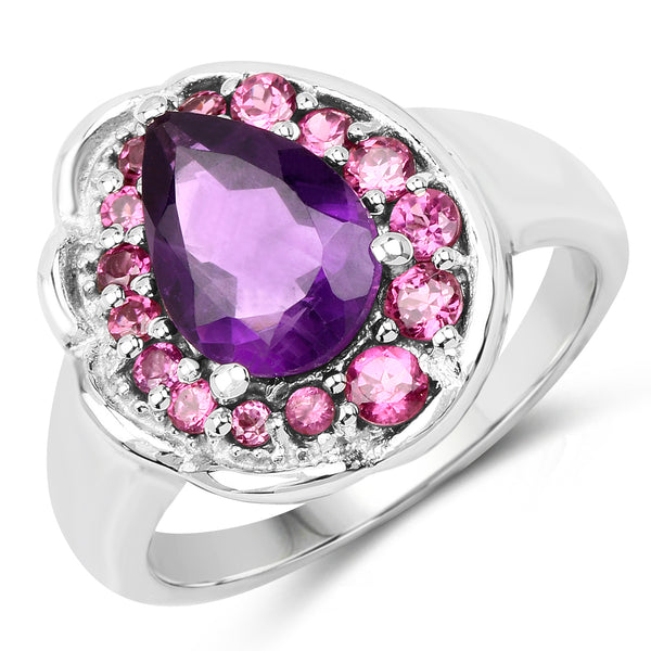 Genuine Amethyst and Rhodolite Sterling Silver Halo Ring