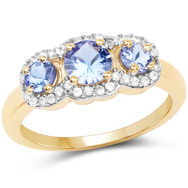 Genuine 14K Yellow Gold Plated Tanzanite and White Topaz Ring Sterlng Silver 3-Stone Ring