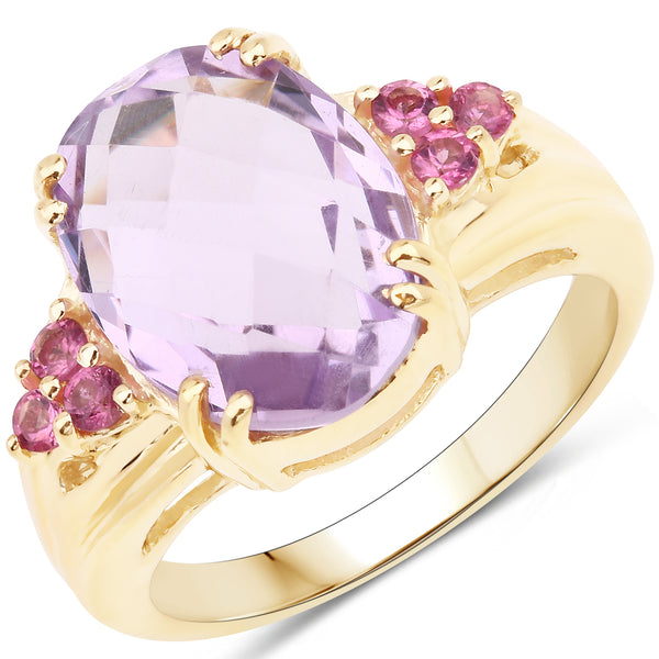 Genuine 14K Yellow Gold Plated Amethyst and Pink Tourmaline Sterling Silver Cocktail Ring